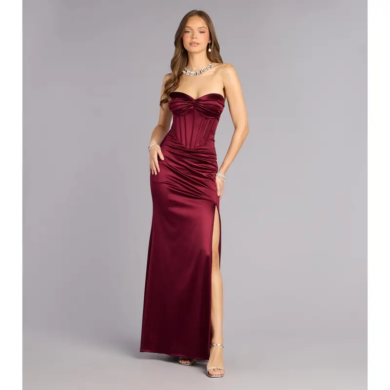 strapless open back dress Elena Blue Layered Flower Detail On Bodice And Straps Ballgown Formal