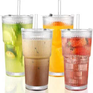 600ml Glass Cup with Straw & Lid - 2-Pack Reusable Drinkware, Leakproof for Home/Office/Outdoor, Perfect for Iceded Coffee & Smoothies Christmas Gift kitchen gadgets