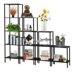 Multi - layer black metal shelves, adjustable storage racks for home and office, used to display books, decorations, etc. With a sturdy and modern design. Ideal for organizing spaces, suitable for living rooms and bedrooms.