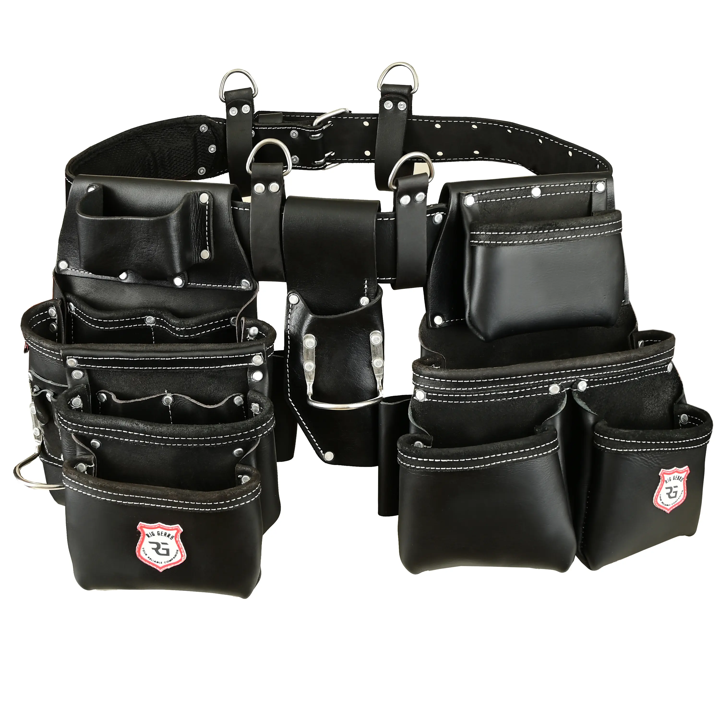 Premium Heavy Duty Leather Tool Pouch with Adjustable Hook - 22 Multi-Purpose Pockets for Professionals, Black, 100% Oil Tanned Leather Repair Tool Bag