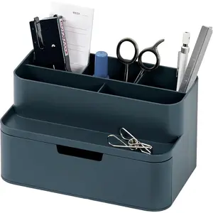 Compact 5-Compartment Small Desk Organizer with Half Drawer Storage - Pen Holder Stationery Organizer for Desktop, Vanity, Shelf, Made in Korea, Blue