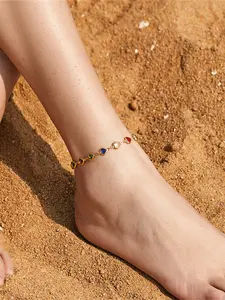 Copper Plated 18K Gold European And American Beach Resort Style Colorful Heart-shaped Zirconia Accessories Anklet Women