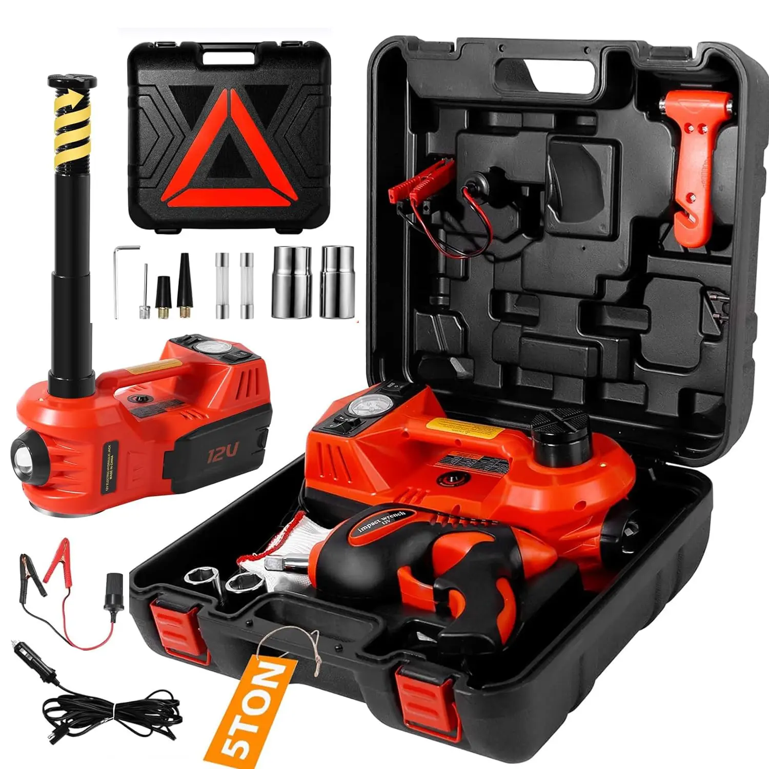 Electric Car Jack Kit 5 Ton 12v Floor With Impact Wrench And Tire Inflator Pump Portable Hydraulic For Suv Sedans Change Led Light  Lifting Height 6 To 17.7 Inch