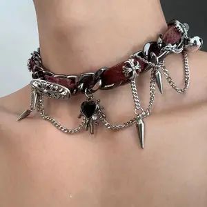 Wrap Rivet Leather Choker Punk Metal Heart Women Y2K Subculture Niche Design Necklace