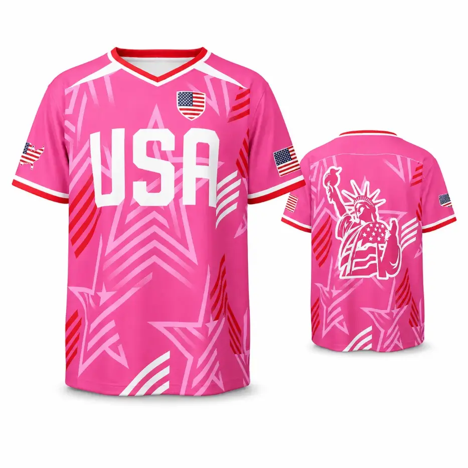 Pink USA soccer jersey, Statue of Liberty graphic V-neck fan shirt, star print game day sportswear for men