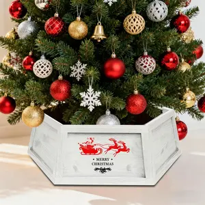 30.7 Inch Wooden Tree, Vintage Rustic Hexagon Skirt Box, Farmhouse Wood Christmas Tree Base Cover Stand Cover for 7.5 Ft 9 Ft (White)