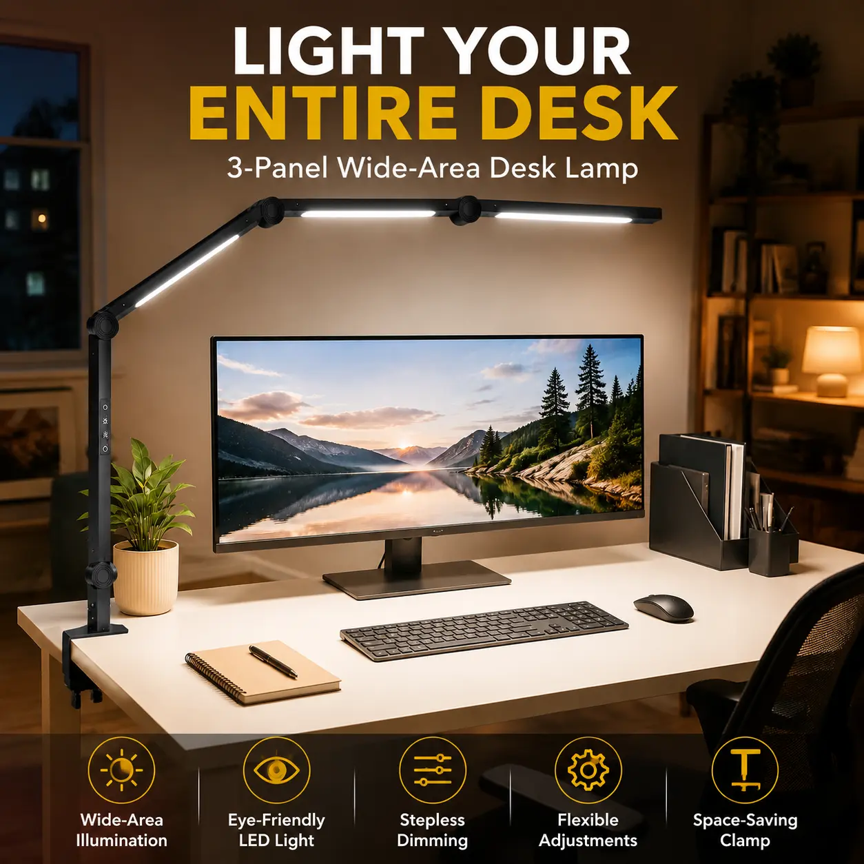 3-Panel LED Desk Lamp with Clamp, Extra Wide Adjustable Desk Light, 20%-100% Dimmable, 3500K-6000K Color Temperature, Multi-Angle Computer Lamp for Home Office, Study & Drawing