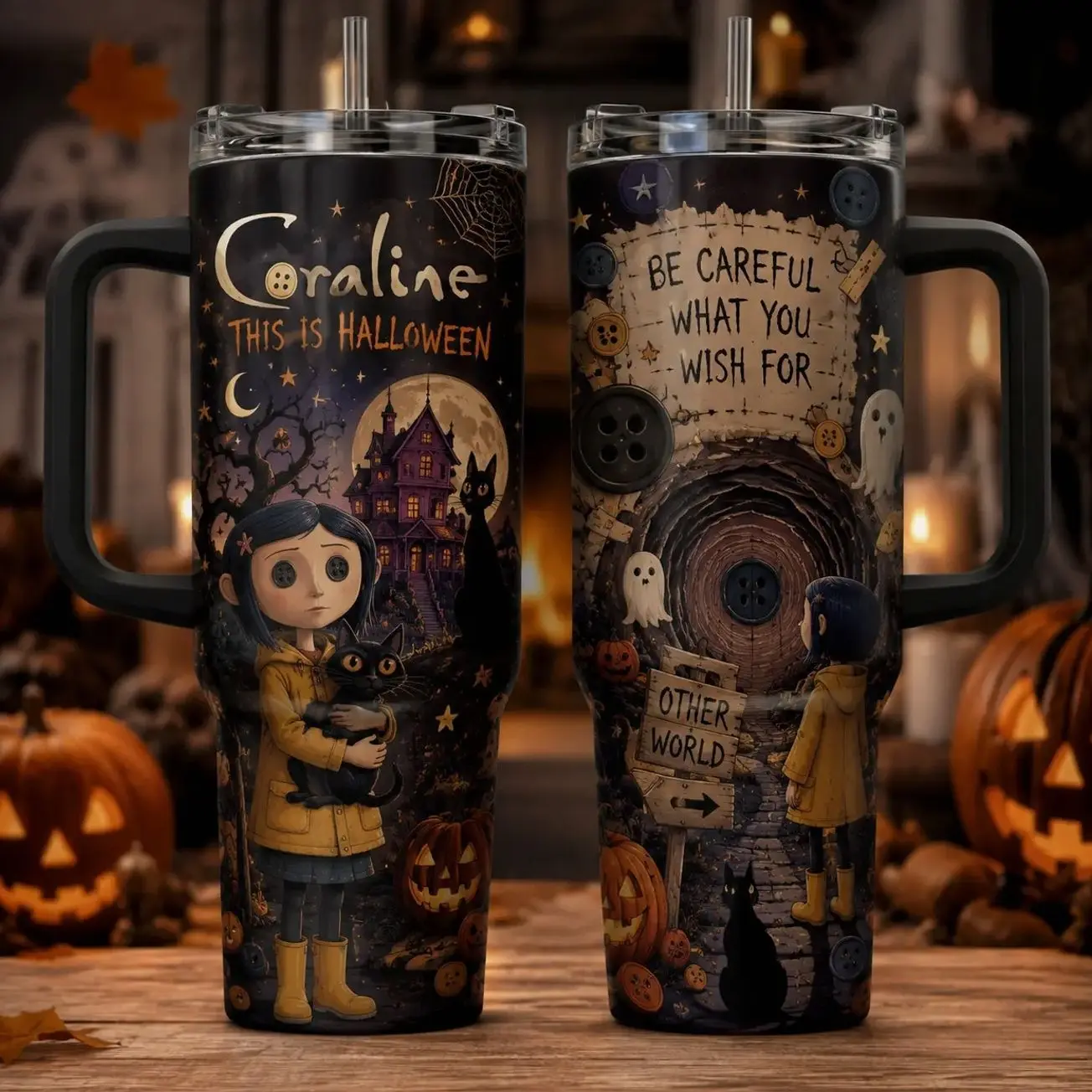 Coraline Halloween Vacuum Insulated Tumbler with Lid and Straw - Stainless Steel Travel Coffee Mug Double Wall Hot & Cold Drink Cup Leakproof Portable