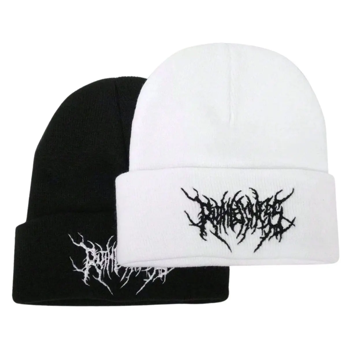Gothic Street Punk Friends Embroidered Beanie Men Winter Warm Jacquard Knit Ski Hat Cotton Spandex Blend Y2K Aesthetic