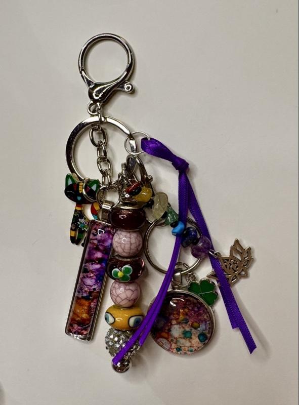 Bag Charm with 2 Handpainted Cabochons - Decorative Accessory for Bags and Purses - Purple Ribbon