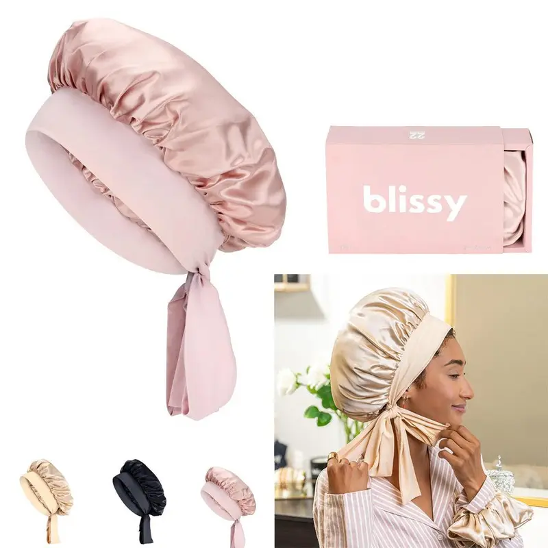 Blissy Silk Bow Bonnet – 100% Mulberry Silk – Anti-Frizz Hair Protection – Extends Blowouts
