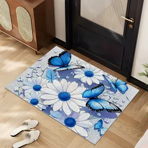 1/2/3PcsSpring Kitchen Rug ,Blue Butterfly And White Floral Pattern Home Decor,Pineapple Texture Design Kitchen Rugs, Washable Non-Slip Floor Mat,Doormat,Bathroom Mat-16x24+20x32+20x47 Inches