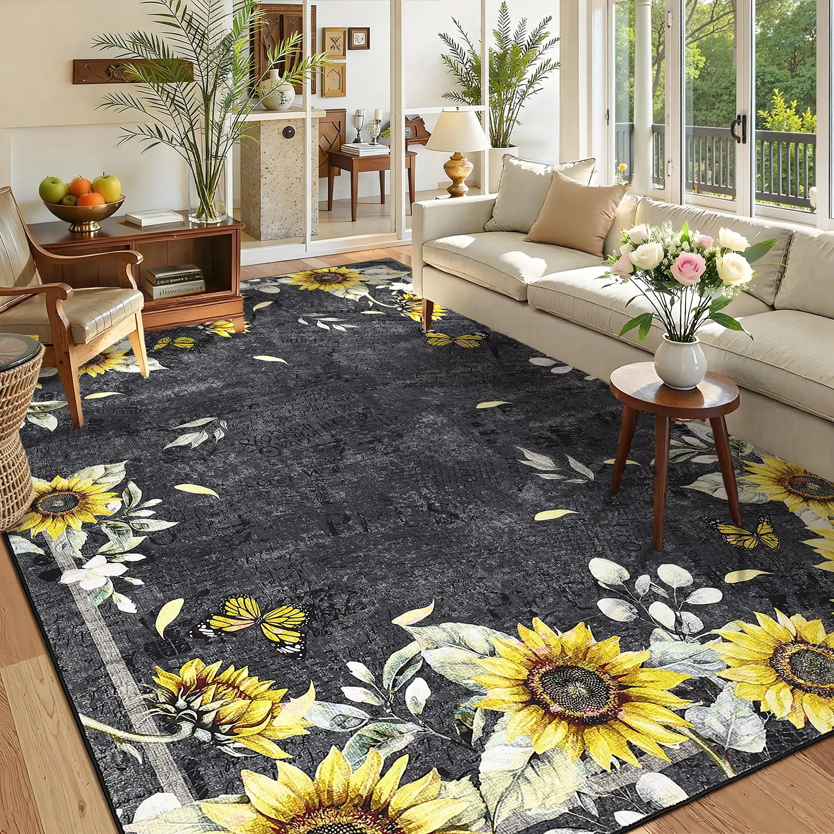 Garvee Sunflower Print Rug Large Size Soft Non-slip Floral Print Ultra-thin Foldable Interior Decorative Rug Vintage Style Rug for Bedrooms Dining Rooms Living Rooms and Farmhouses