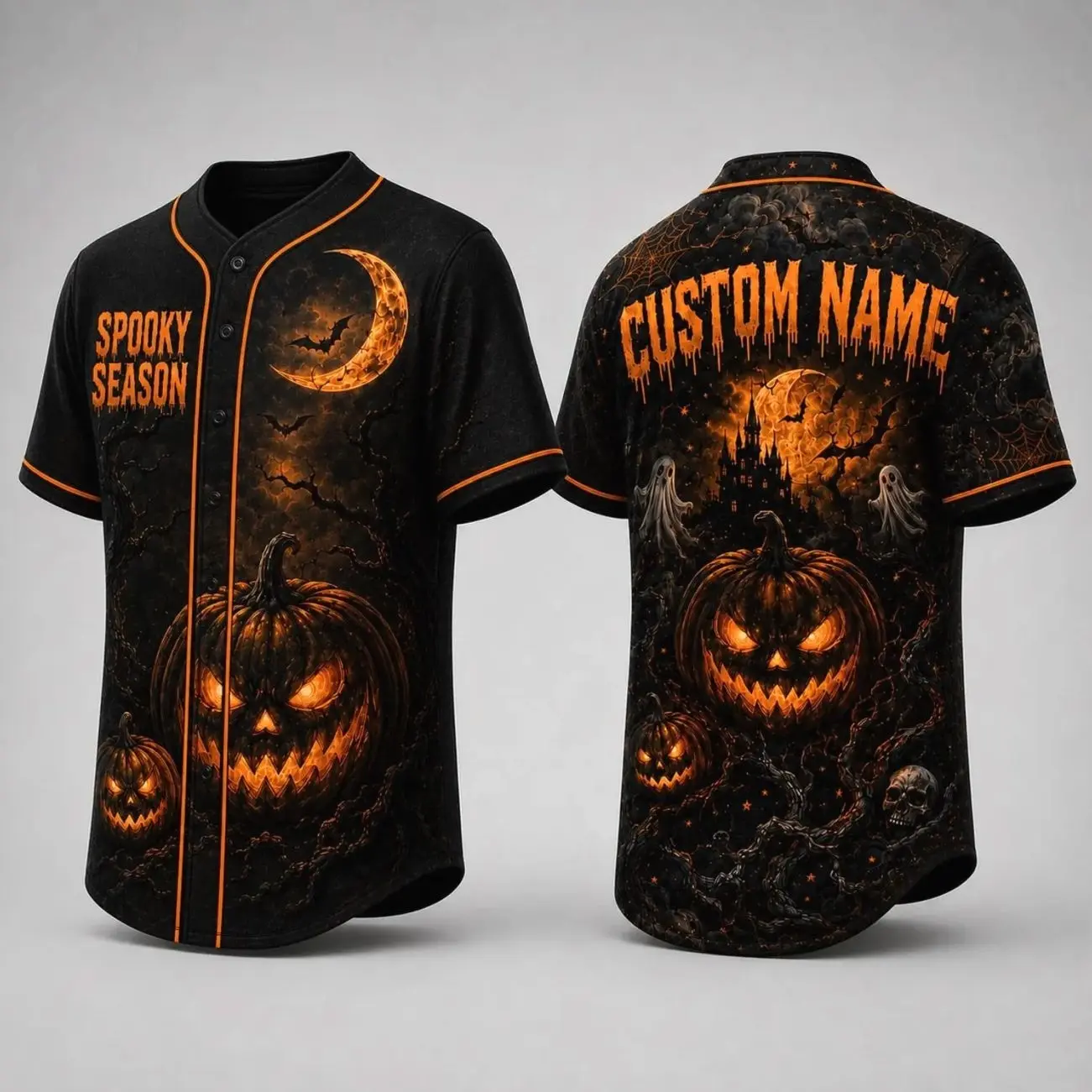 Custom Halloween Baseball Jersey, Personalized Spooky Season Shirt, Jack-O-Lantern Pumpkin Button Down, Scary Haunted House Ghost Jersey