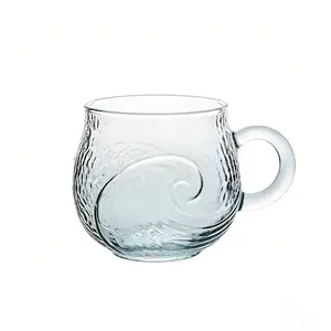 Handblown Ocean Wave Glass Mug 12oz Textured Sea Wave Design Unique Glassware for Coffee,Tea,Cocktails Dishwasher Safe Easy Clean Gift for Beach Lovers,Home,Patio