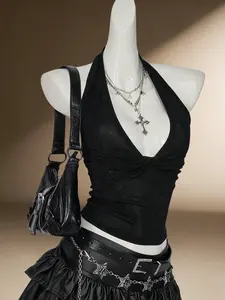 Pure Color Twist Halter Top, Deep V Neck Slimming Fit, Punk Style Y2K Sexy Sleeveless Short Shirt, Trendy Women's Fashion, Womenswear