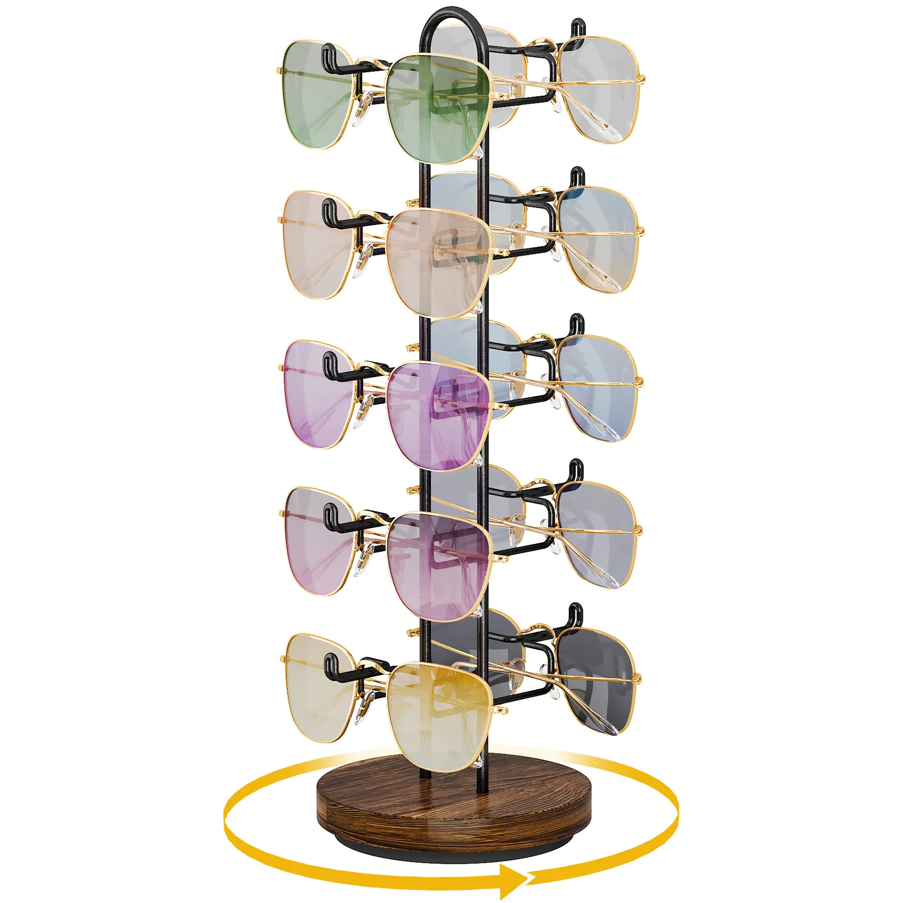 NiHome 5-Layer 360° Swivel Rotating Eyeglass Display Rack - Rustic Wooden Base Accessory Holder, Easy to Assemble Adjustable Organizer Holds 10 Pairs for Displaying Eyeglasses, Retail Use