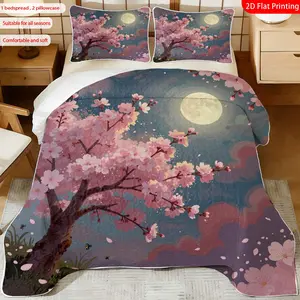 3 pcs, 2D flat print Watercolor Cherry Blossom bed cover set with Moonlit Night theme, multiple sizes available, bedding set, festive decorative bedding, ideal for bedroom decor(1 bedspread , 2 pillowcases)