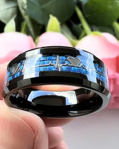 8mm Fashion Stainless Steel Ring with Heart Shape Design and Blue Thread Band for Men, Jewelry for Engagement Ring,Wedding Ring, Valentine's Day Gift,