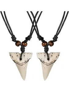 2 Pcs Bohemian Beige Black Faux Shark Tooth Necklaces for Women Men Stylish Tribal Design with Vivid Lifelike Resin Shark Tooth Charm Natural Wood Bead Details Durable Adjustable Black Cord Original Tribal Coastal Surf Vibes Minimalist Unisex Boho Jewelry