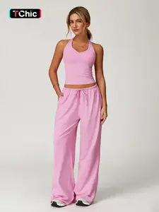 Women's Solid Halter Neck Top & Wide-Leg Pants Sports Set, Casual Sleeveless Top & Pants for Daily Outdoor Wear, Ladies Activewear Set for Tennis and Running, Workout Clothes, Breathable Activewear, Yoga Gym Outfits