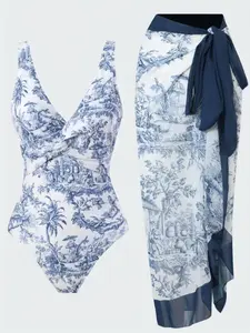 Women's All Over Print One-piece Swimsuit & Swimsuit Bathing Suit Cover up Skirt Set, Casual Fashion Chic Swimwear Set for Beach Holiday Vacation, Floral Print Swimsuit, Leaf Print Swimsuit, Summer Swimsuits, Summer Swimming Cover, Beach Outdoor Wear