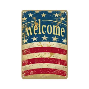 8"x12" Rustic "Welcome" American Flag Metal Sign, Farmhouse-Style Patriotic Wall Art for Outdoor Use