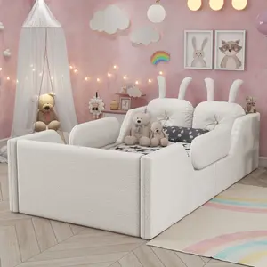 Twin Size Upholstered Platform Bed with Rabbit Cushion, Kids Floor Upholstered Bed with Removable Side Rails