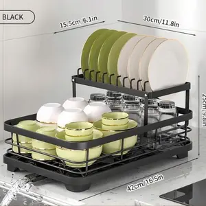 2-Tier Black Expandable Dish Drying Rack, Suitable For Kitchen Countertops, Large Dish Drainer With Pot Rack, Cup Rack, And Dish Rack For Iron Kitchen Counters And Sink Dish Racks - Large-Capacity Storage Rack With Draining Board, Dish Rack, And Cup Hooks
