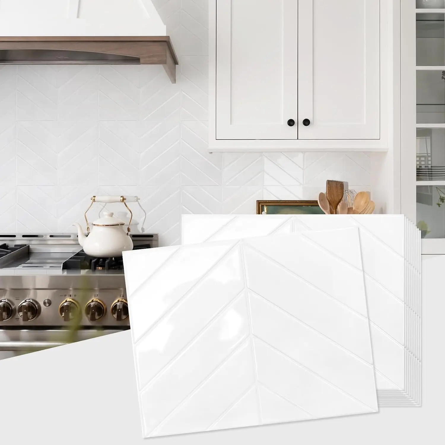 10-Pack Pure White Geometric Herringbone Thick Peel and Stick Backsplash Tiles, 12.6"x9.7" No-Tools-Needed Self-Adhesive Wall Tile Stickers for Kitchen, Bathroom Decor
