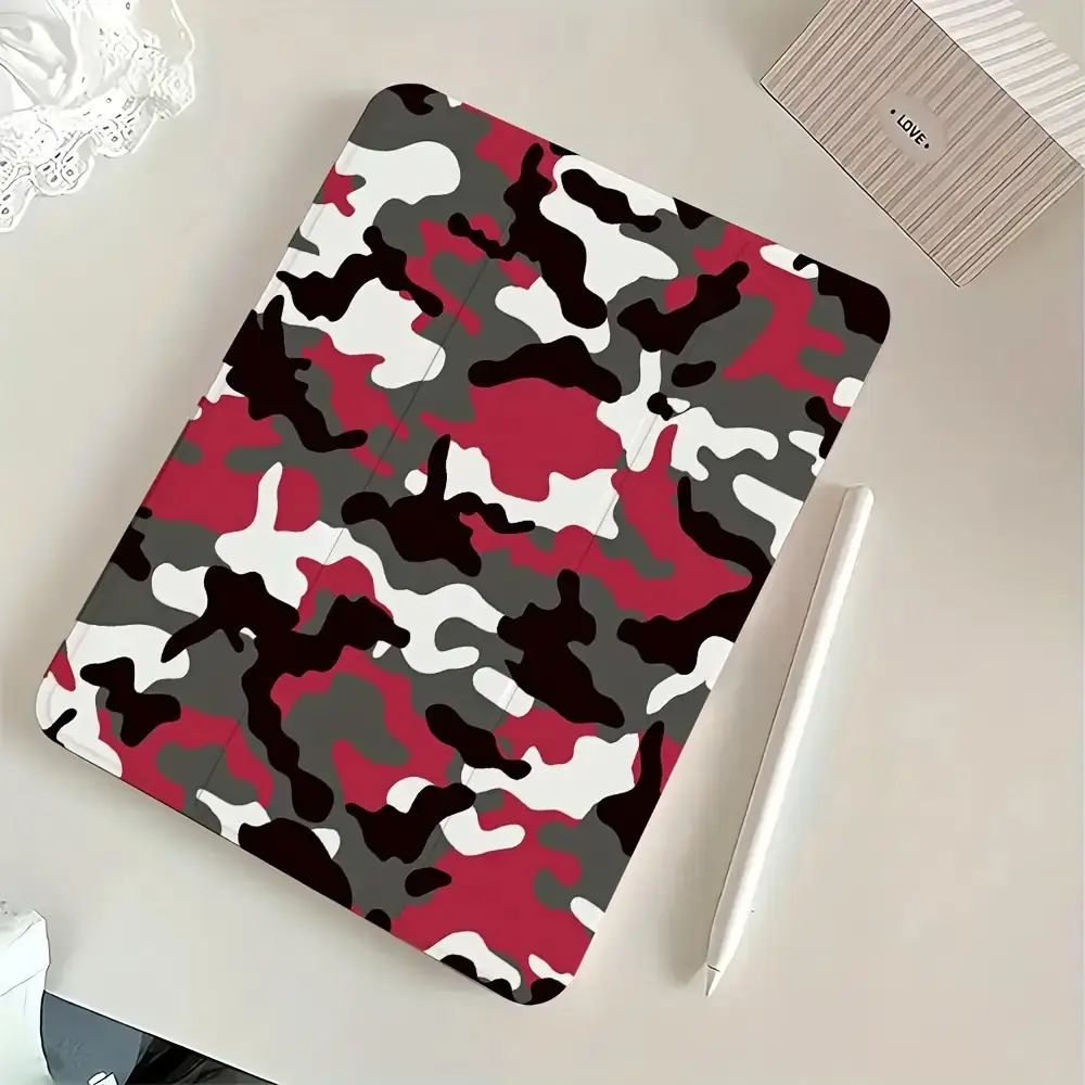1pc Red, Black & White Camouflage Hybrid Tablet Case with Pen Slot - Folding, Non-Slip, Adjustable Kickstand Cover for iPad Air 4/5, 10th Gen iPad Tech Accessories