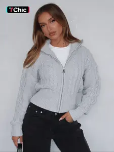 Women's Casual Fitted Sweater Jacket, Thin Knit Cropped Cardigan Coat for Fall Season, Daily Wear Outerwear Apparel for Women