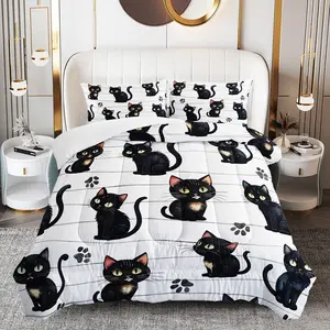 3pcs Black Cat Comforter Set, Cartoon Duvet Set for Girls and Adults Bedroom or Guest Room Decor, Lightweight Soft All Seasons Comforter Machine Washable Microfiber Quilt with 2 Pillowcases , Gifts for the Family