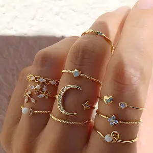 LUXJELWEL - 10Pcs Rings Suit For Women Gold-color Chain Ring Set Bohemian Style Coin Snake Moon Star Party Leaves Love Trend Gift Jewelry