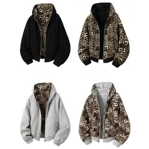 Men'S Print DoubLe-Sided Wear HoodieS Hooded Lager PocketS Zipper ReverSibLe ContraSt CoLor MaLe Jacket, Leopard Print Lined Hoodie, Men's Zip Front Leopard Lined Hoodie, Men's Oversized Leopard Lined Sweatshirt