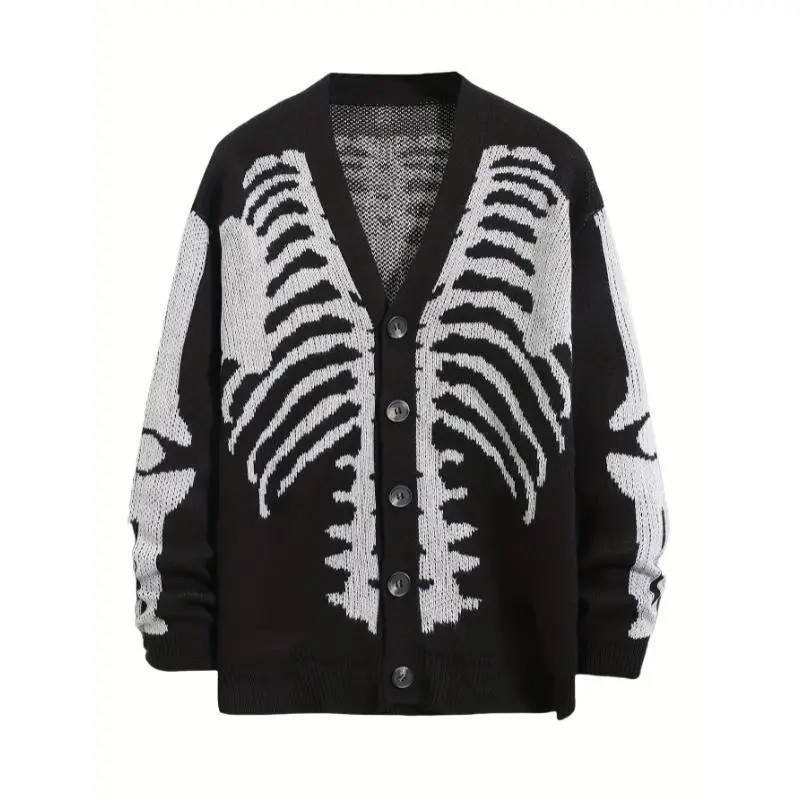 Men's Plus Size Skeleton Print Long Sleeve Cardigan Sweaters V Neck Button Down Outwear Coats