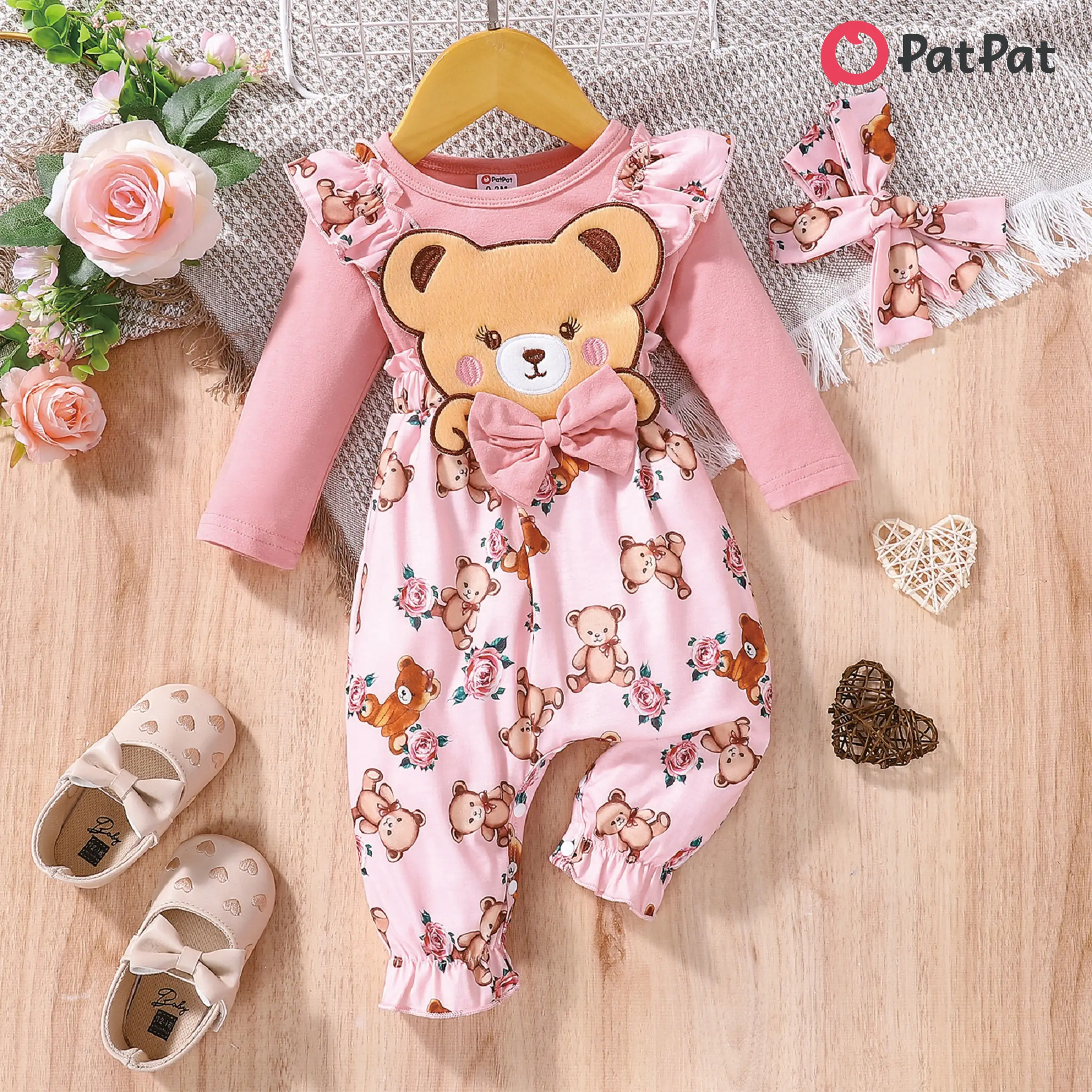 PatPat Bear Style - Baby Girl Cotton SuperCuteCute Bear Embroidered Floral Long-sleeve Jumpsuit with Headband