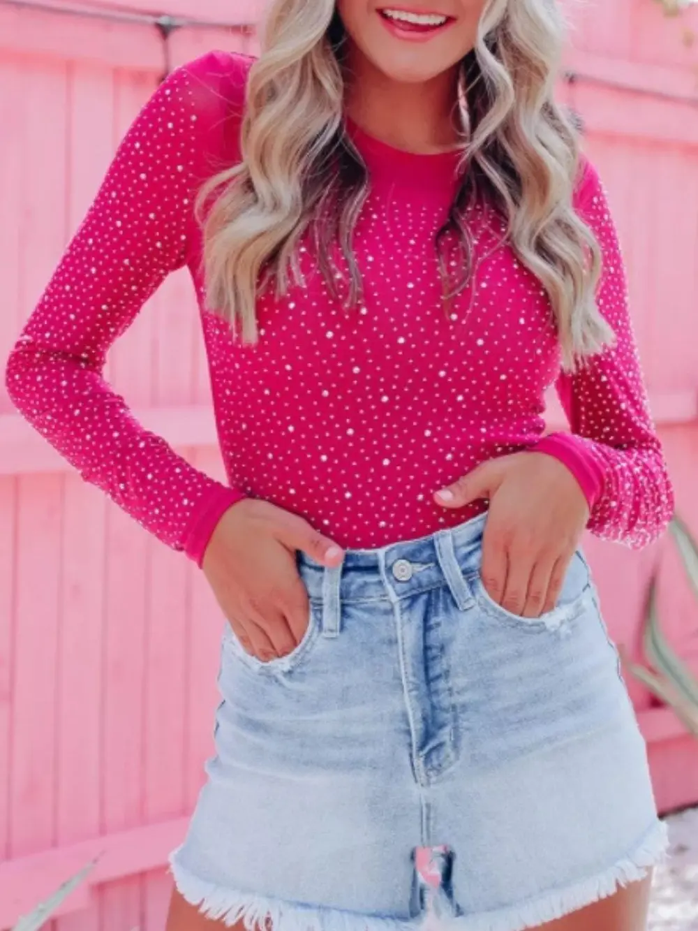 Women’s Hot Pink Rhinestone Bodysuit – Long Sleeve Sparkly Party Top | Glam Clubwear & Statement Outfit