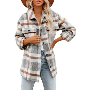 Women's Flannel Plaid Shacket 2025 Fall Outfits Long Sleeve Button Down Shirts Jacket Coats with Side Pockets