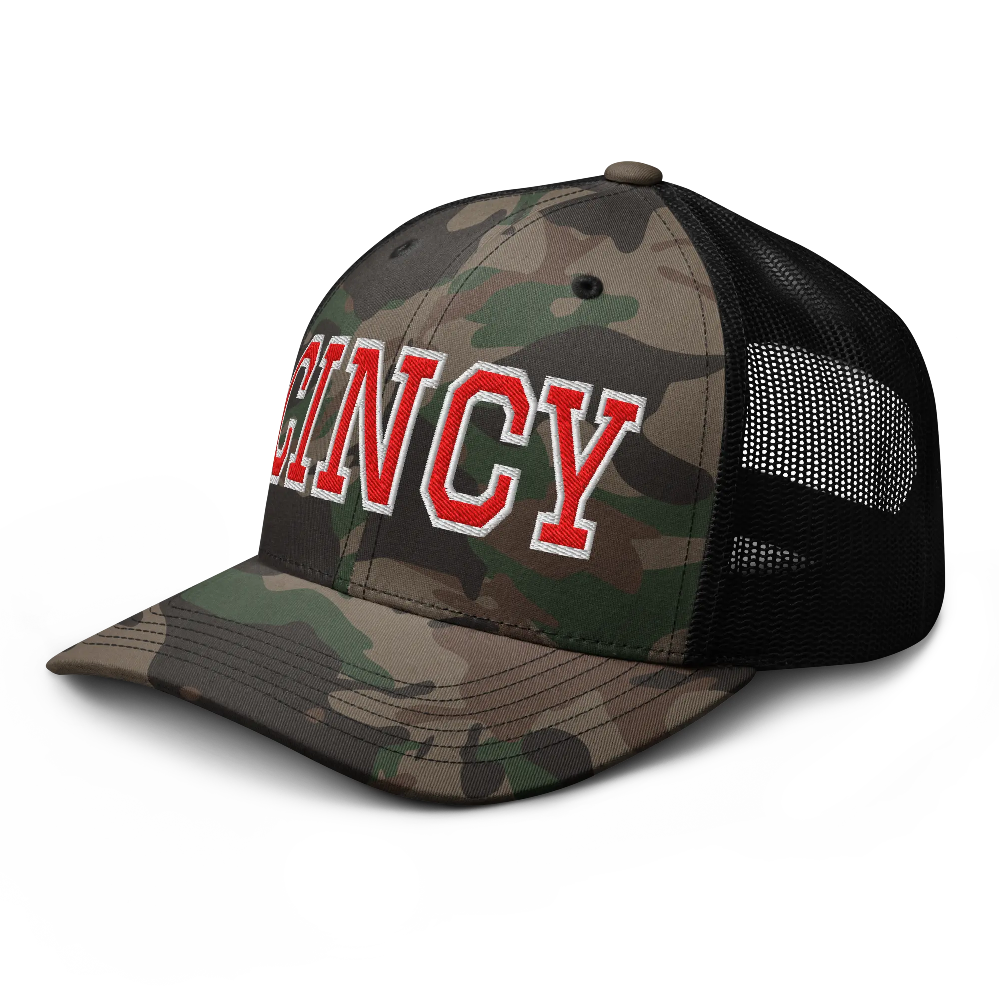 RIVEMUG NX Cincy Embroidered Curved Bill Camouflage Trucker Hat Low Crown Adjustable Cincinnati Cap