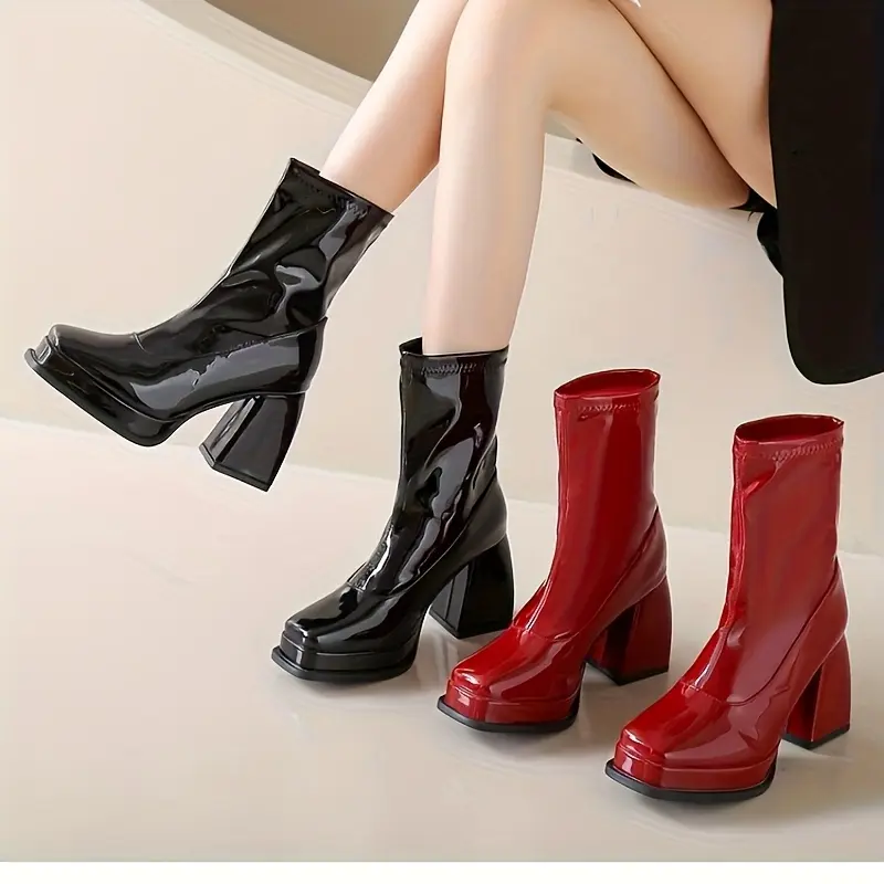 Women's Plain Slip-On Ankle Booties - Glossy Black and Red, Chunky Heel, PU Leather, Square Toe, Synthetic Upper, PU Cushioned Insole for Party Wear