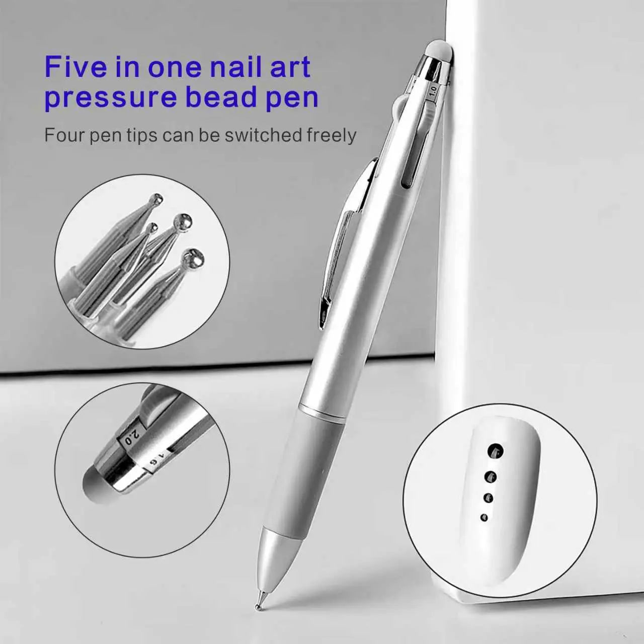 1 nail art pen, Manicure, DIY Nail Art, 5-in-1 dot drill pen, 4 pen tips, nail bead pen with rotating pen tip design, convenient for nail flower and hook edge, professional nail tool, Nail Art Tools, for nail art creativity