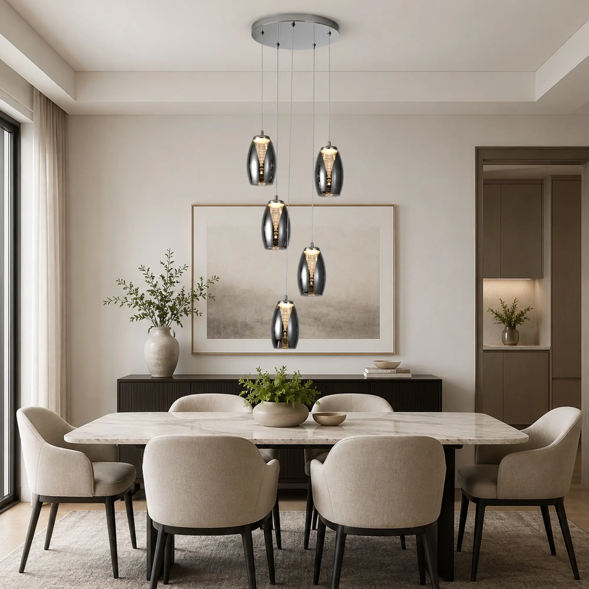 Garwarm 5 - Light Modern Unique LED Smoky gray Glass Pendant Light,Height-adjustable,Long Staircase Chandelier for Kitchen Island, Dining Room, Hallway, Bathroom