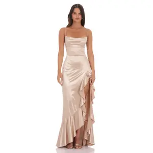 Satin Ruffle Maxi Dress in Champagne