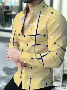 Yellow Geometric Pattern Men's Long Sleeve Shirt, Slim Fit Business Casual Shirt, Fashion Plaid Design Top