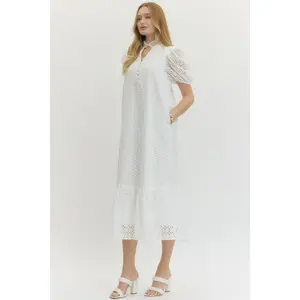 Entro White Eyelet Puff Sleeve Midi Dress