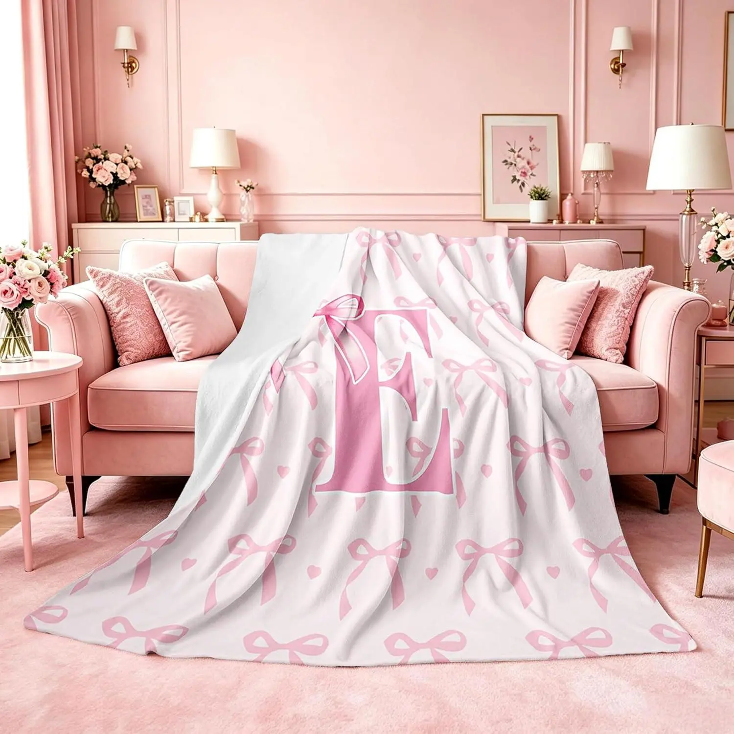 Cute Pink Bow Gifts Fleece Throw Blanket Throw,Personalized Letter E Flannel Blanket Plush Fuzzy,Cute Coquette Bow Knot Soft Bed Couch Chair,Initial Letter E Monogrammed