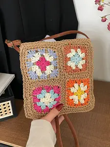 Women's Four-Compartment Woven Grass Bag, Casual Floral Pattern Beach Accessory, Essential Summer Straw Handbag for All Seasons