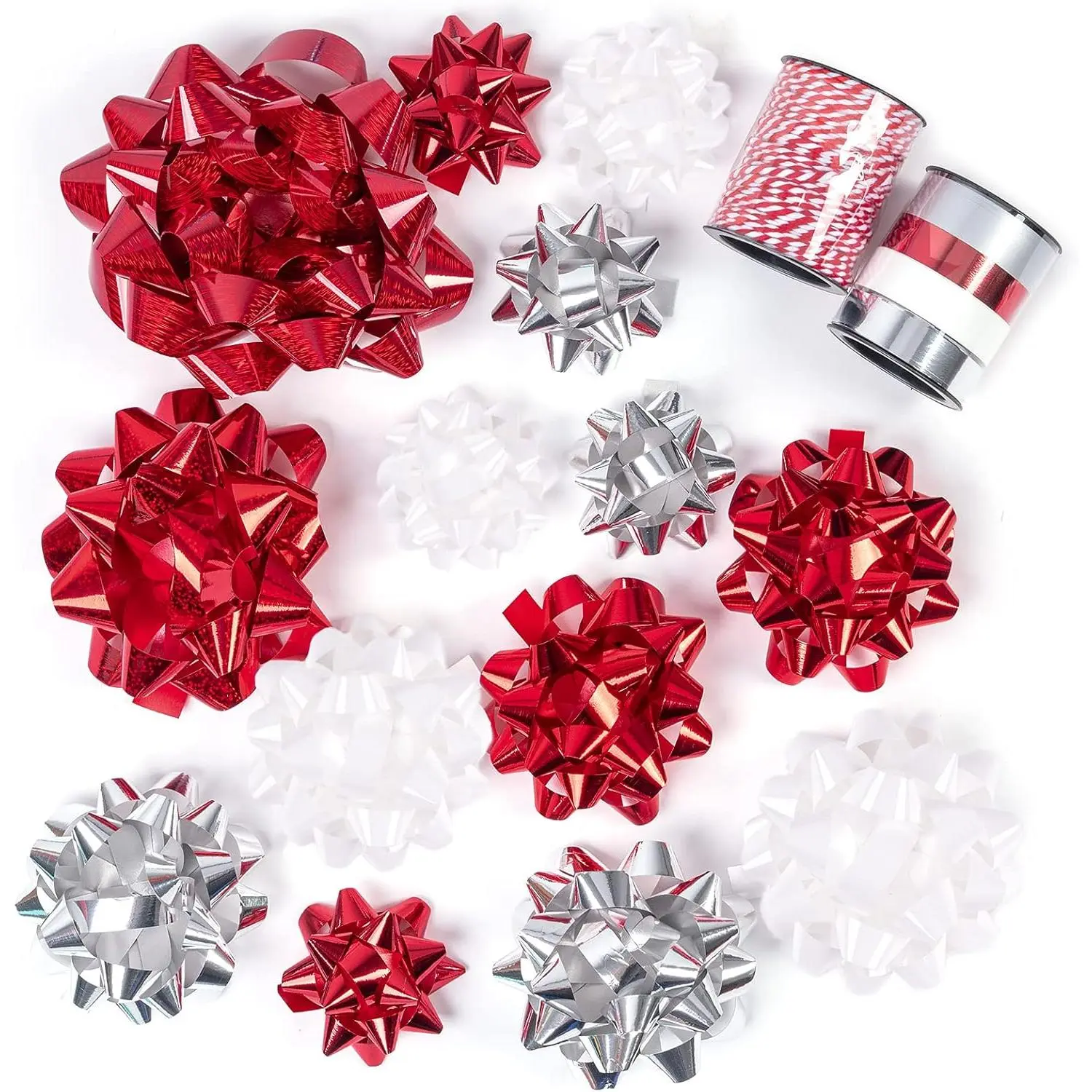 16 count  Bows Assortment - 14 Multi Colored Assorted Size  Bows (Red, , White), 1 Crimped Curling Ribbons and 1  Twine,  for Christmas, Holiday, Party