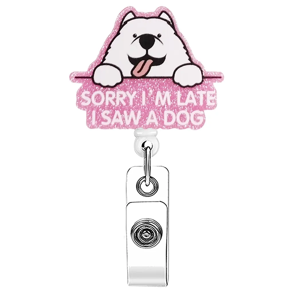 A retractable Badge Reels with a cartoon dog image, equipped with a telescopic structure and a metal clip, Retractable id badge holder, Id Badge Holders Retractable